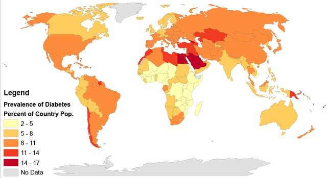 Rates of diabetes worldwide in 2014. The worldwide prevalence was 9.2%.