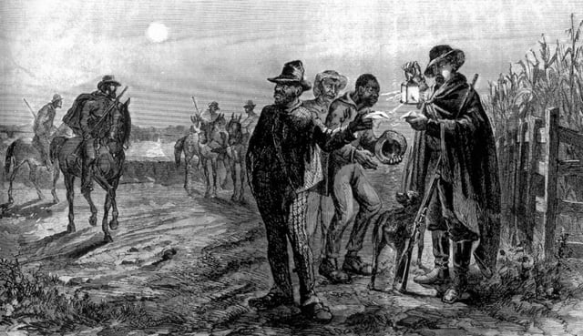 "Slave patrols, the militias of the Second Amendment". The armed white men inspect the enslaved blacks.