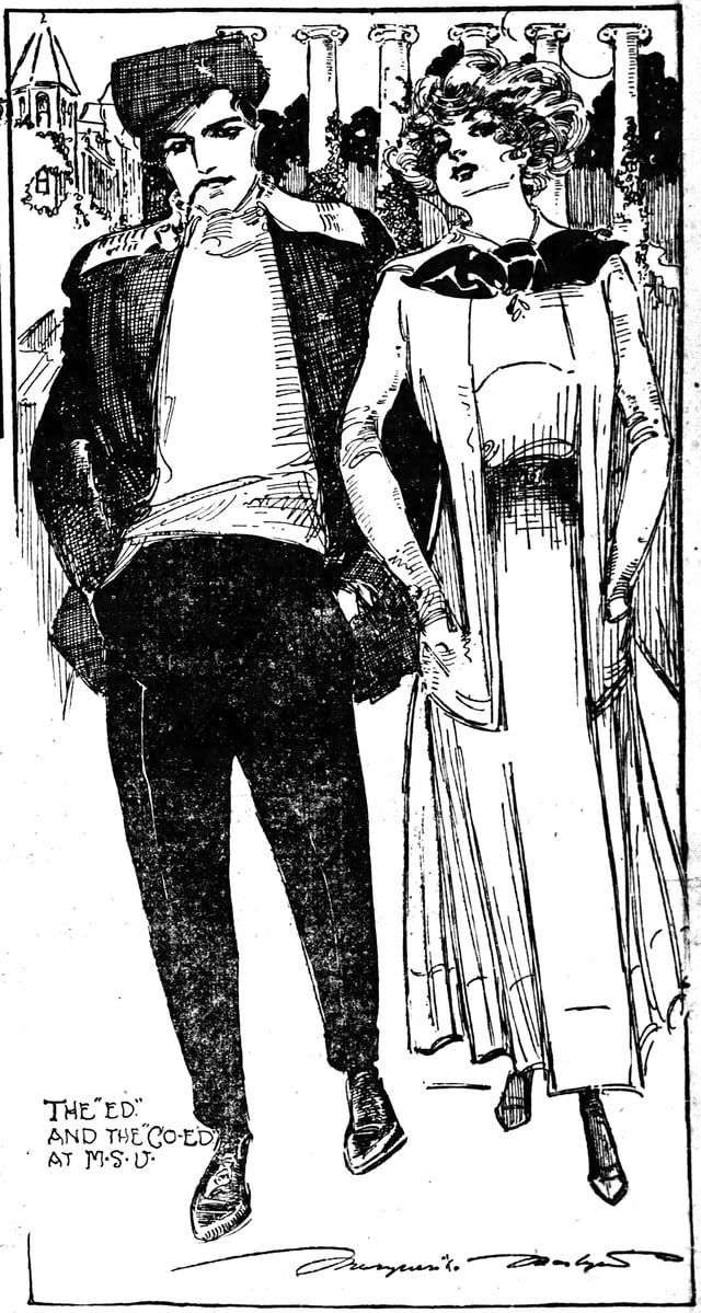 Journalist Marguerite Martyn visited the campus in 1910 and sketched these two fashionable students with the architectural columns behind them. At that time, the campus was known as Missouri State University.