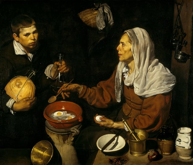 Vieja friendo huevos (1618, English: Old Woman Frying Eggs). National Gallery of Scotland, Edinburgh
