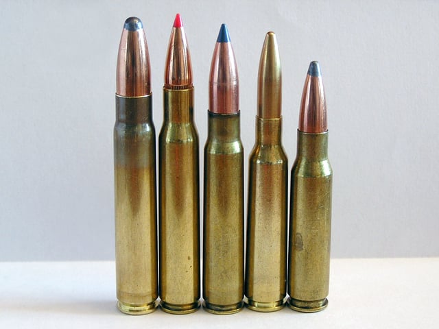 From left to right 9.3×62mm, .30-06 Springfield, 7.92×57mm Mauser, 6.5×55mm and .308 Winchester cartridges