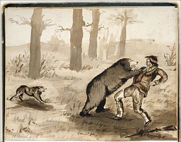 A rough and tumble with a grizzly by H. Bullock Webster, watercolor
