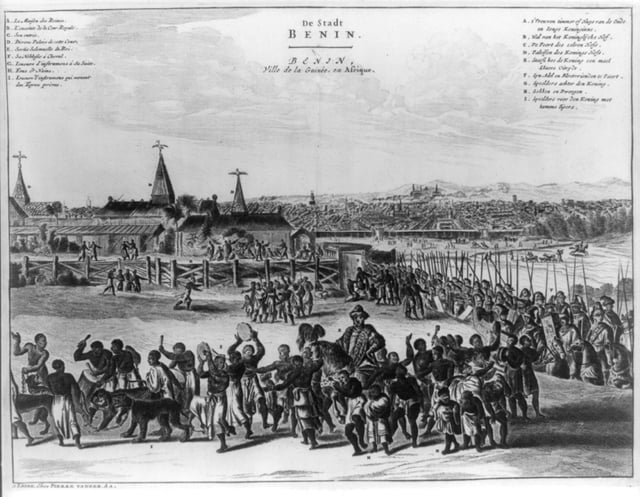 Benin City in the 17th century with the Oba of Benin in procession. This image appeared in a European book, Description of Africa, published in Amsterdam in 1668.