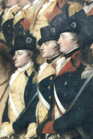 Detail of Surrender of Lord Cornwallis by John Trumbull, showing Colonels Alexander Hamilton, John Laurens, and Walter Stewart