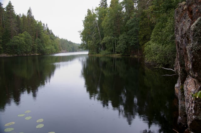Lakes and other water bodies are common in the taiga. The Helvetinjärvi National Park, Finland, is situated in the closed canopy taiga (mid-boreal to south-boreal) with mean annual temperature of 4 °C (39 °F).