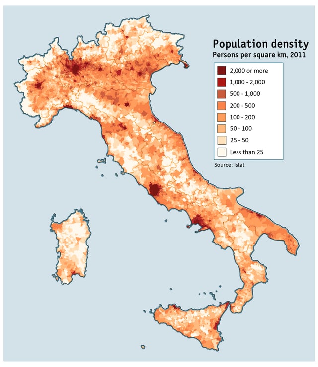 Map of population density in Italy as of the 2011 census.
