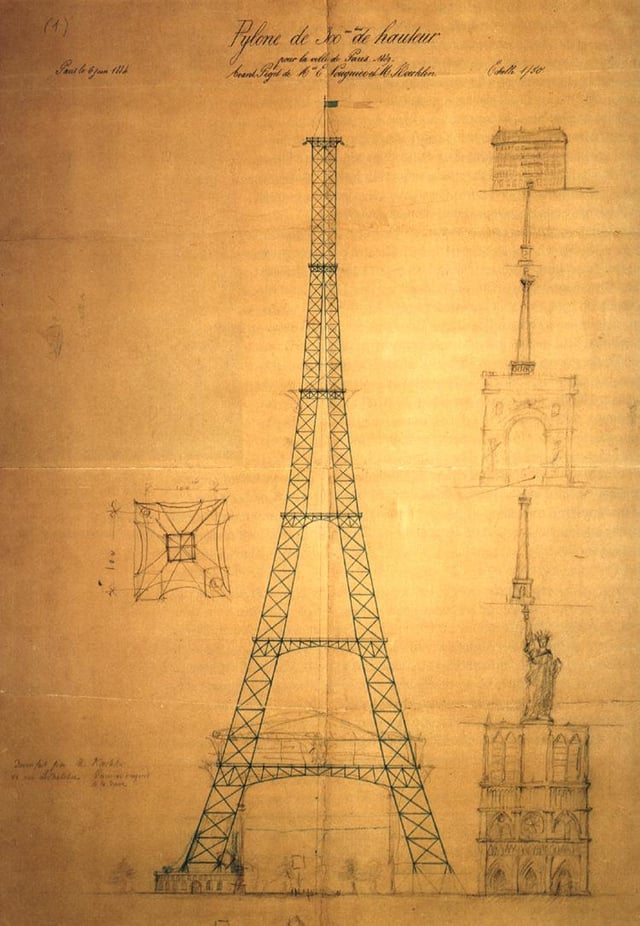 First drawing of the Eiffel Tower by Maurice Koechlin including size comparison with other Parisian landmarks such as Notre Dame de Paris, the Statue of Liberty and the Vendôme Column
