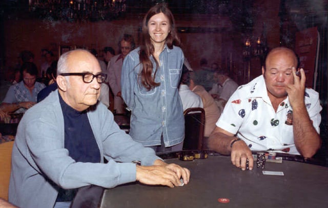 Johnny Moss, Becky Binion, and Puggy Pearson at the 1974 World Series of Poker.