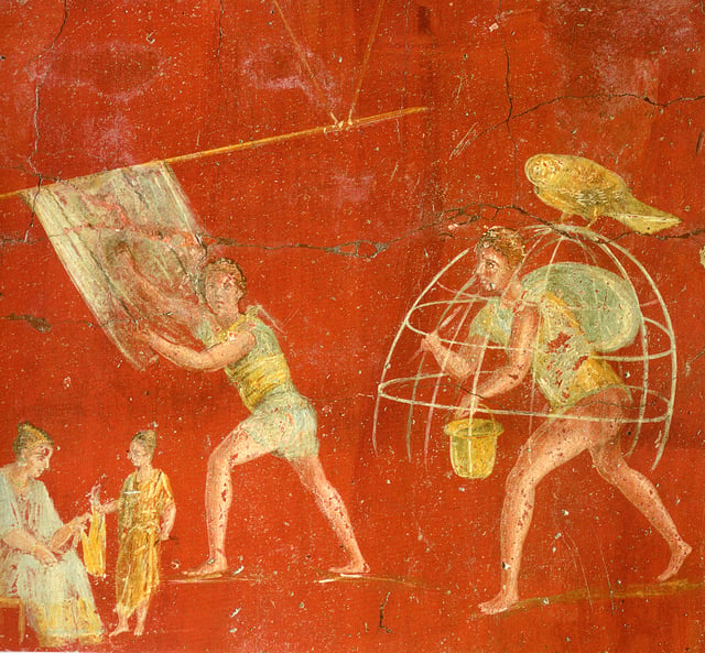 Workers at a cloth-processing shop, in a painting from the fullonica of Veranius Hypsaeus in Pompeii
