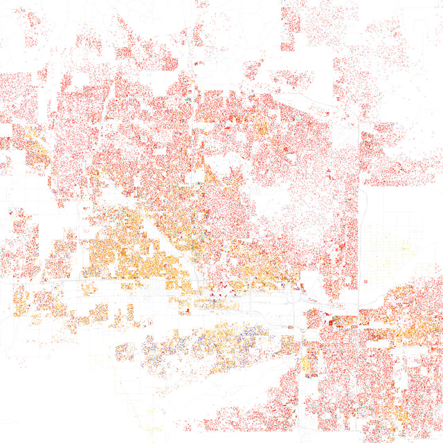 Map of racial distribution in Phoenix, 2010 U.S. Census. Each dot is 25 people: White, Black, Asian Hispanic, or Other (yellow)
