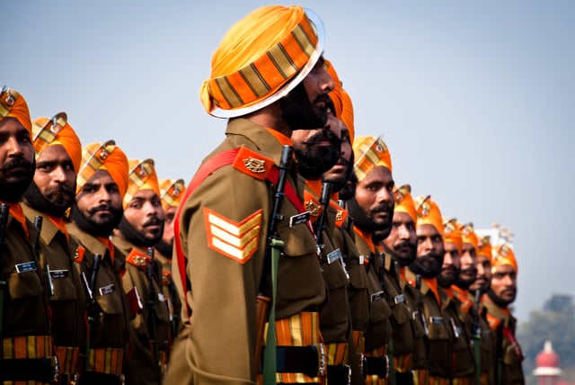 Sikh Light Infantry personnel march past during the Republic day parade in New Delhi, India