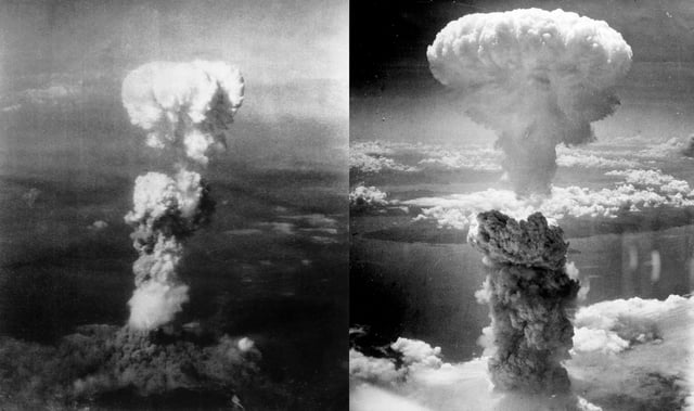 Little Boy explodes over Hiroshima, Japan, 6 August 1945 (left);Fat Man explodes over Nagasaki, Japan, 9 August 1945 (right).