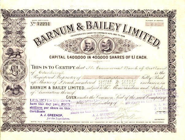 Stock certificate for Barnum & Bailey, 1903