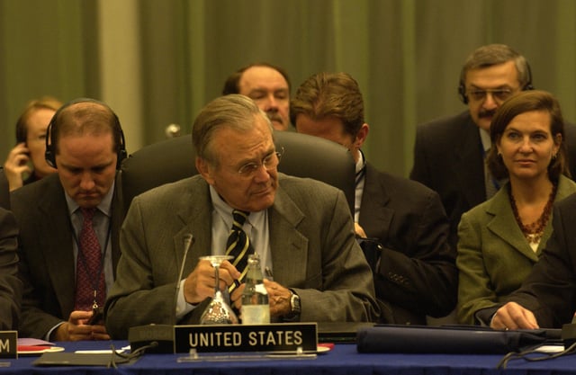 Rumsfeld and Victoria Nuland at the NATO-Ukraine consultations in Vilnius, Lithuania, on October 24, 2005