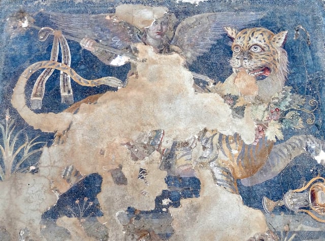 A Hellenistic Greek mosaic depicting the god Dionysos as a winged daimon riding on a tiger, from the House of Dionysos at Delos (which was once controlled by Athens) in the South Aegean region of Greece, late 2nd century BC, Archaeological Museum of Delos