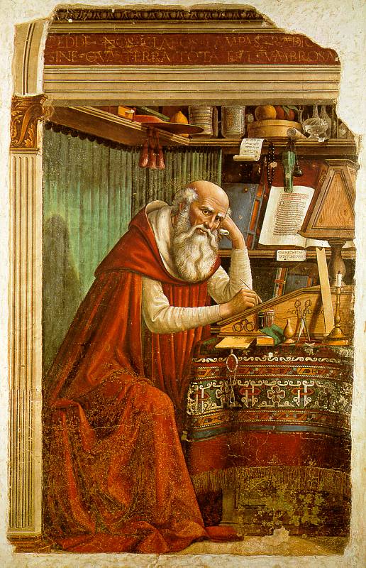 St. Jerome in His Study (1480), by Domenico Ghirlandaio. Although initially a student of Origen's teachings, Jerome turned against him during the First Origenist Crisis. He nonetheless remained influenced by Origen's teachings for his entire life.