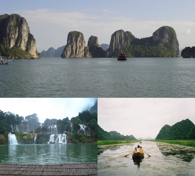 Nature attractions in Vietnam, clockwise from top: Hạ Long Bay, Yến River and Bản-Giốc Waterfalls