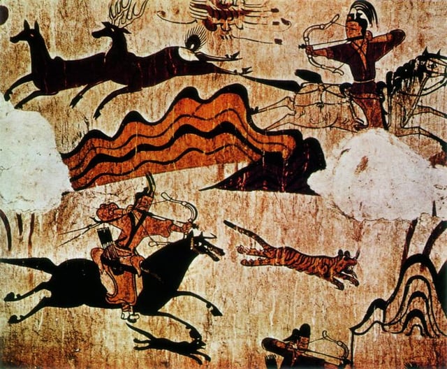 An example of a Goguryeo tomb mural of hunting, middle of the first millennium