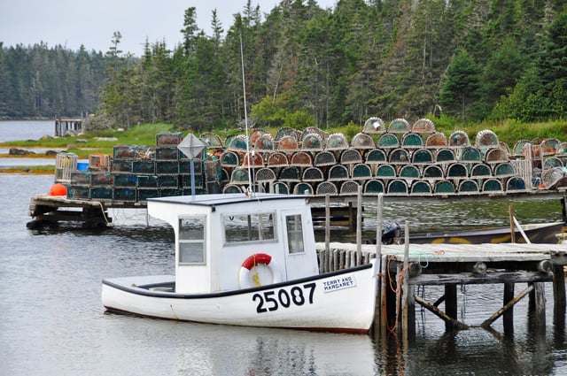 Lobster traps on a dock in Sheet Harbour. The province is the world's largest exporter of lobsters.
