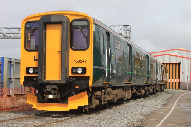 Refurbished and GWR-liveried Class 150/2 150247 at Bristol St Philip's Marsh depot.