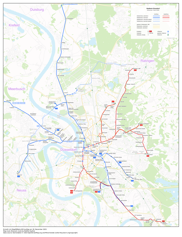 Düsseldorf Straßenbahn and Düsseldorf Stadtbahn network, part of the Verkehrsverbund Rhein-Ruhr