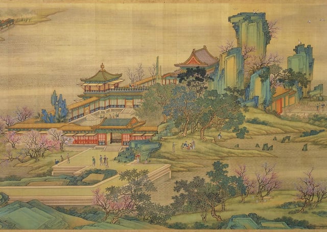 A scene of the "Qing Palace version" of the Along the River During the Qingming Festival, an 18th-century remake of the 12th century original