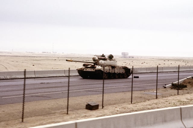Iraqi Type 69 tank on the road into Kuwait City during the Gulf War
