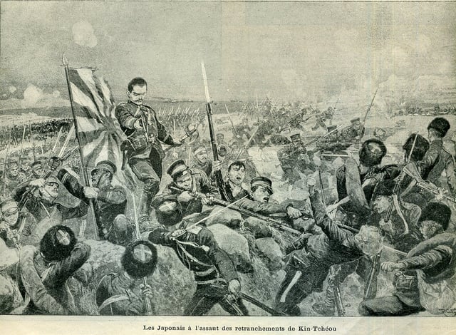 Japanese riflemen assault on the entrenched Imperial Russian Army, 1904