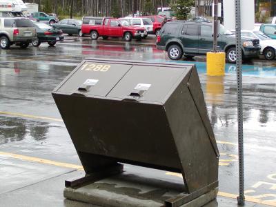 A bear proof garbage can in Lake Louise. Bears are found the province's wooded and mountainous areas.