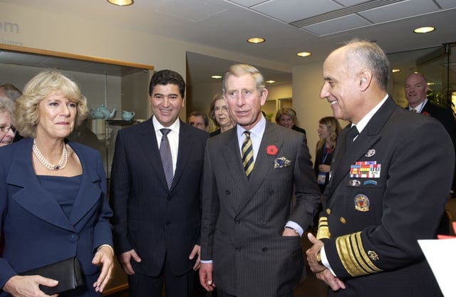 NIH Director Dr. Elias Zerhouni welcomes the Prince of Wales and the Duchess of Cornwall to NIH for a discussion on osteoporosis with Surgeon General Richard Carmona and other health officials,  November 2005