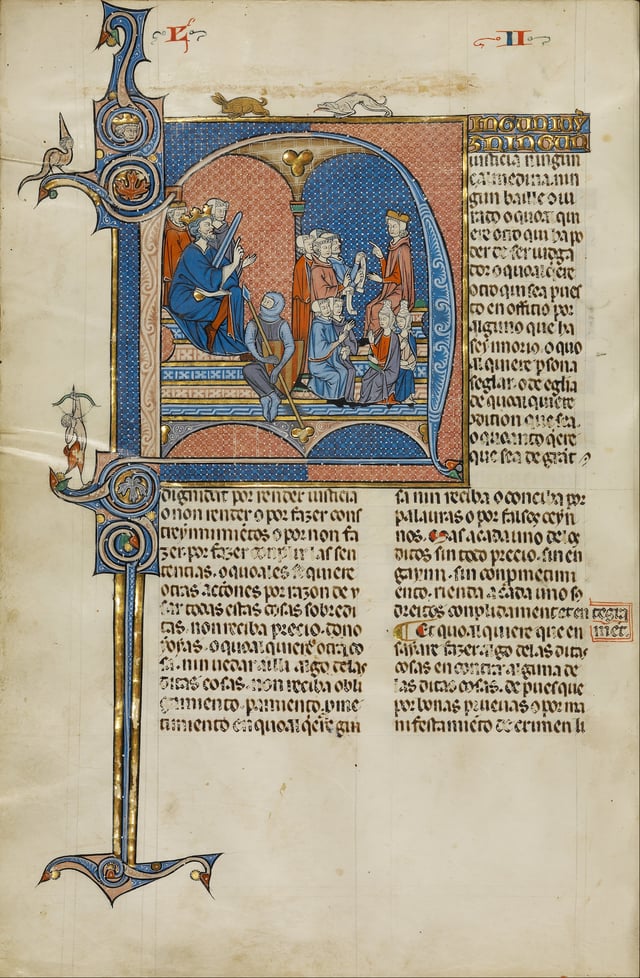 King James I overseeing a medieval court, from an illustrated manuscript of a legal code.