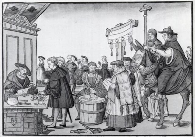 The Catholic sale of indulgences shown in A Question to a Mintmaker, woodcut by Jörg Breu the Elder of Augsburg, ca. 1530