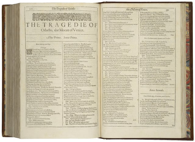 Shakespeare's play Othello, printed in 1623. Bold type had not yet been invented. Emphasis is provided by using italics, used for key words, stage directions and the names of characters, and capitalisation of key words.