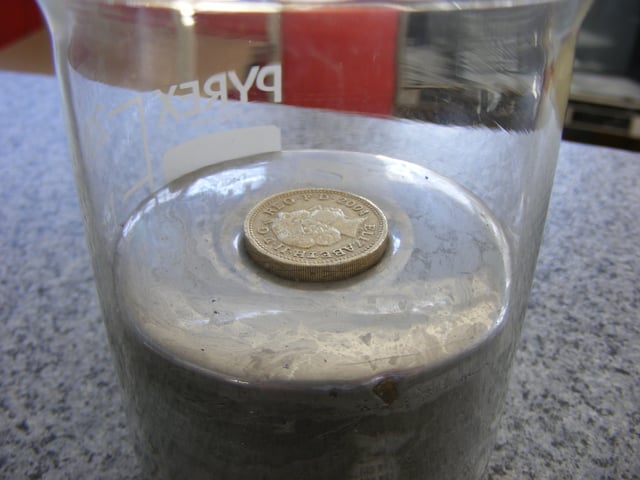 A pound coin (density ~7.6 g/cm3) floats in mercury due to the combination of the buoyant force and surface tension.