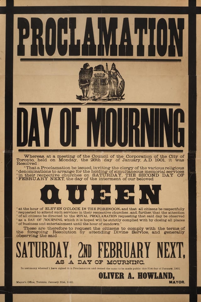 Poster proclaiming a day of mourning in Toronto on the day of Victoria's funeral