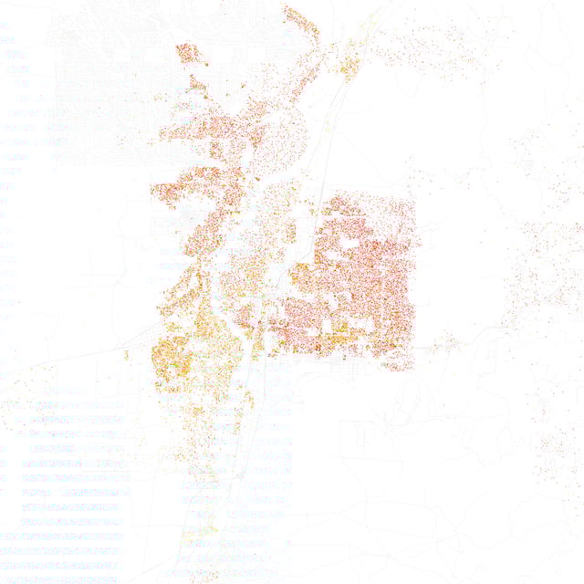 Map of racial distribution in Albuquerque, 2010 U.S. Census. Each dot is 25 people: White, Black, Asian, Hispanic or Other (yellow)