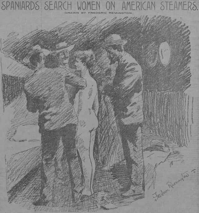 Male Spanish officials strip search an American woman tourist in Cuba looking for messages from rebels; front page "yellow journalism" from Hearst (Artist: Frederic Remington)