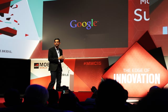 Pichai speaking at the 2015 Mobile World Congress in Barcelona, Spain