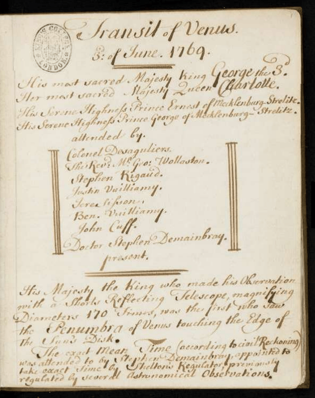 Extract from Observations on the Transit of Venus, a manuscript notebook from the collections of George III, showing George, Charlotte and those attending them.