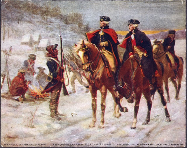 Washington and Lafayette inspect the troops at Valley Forge.