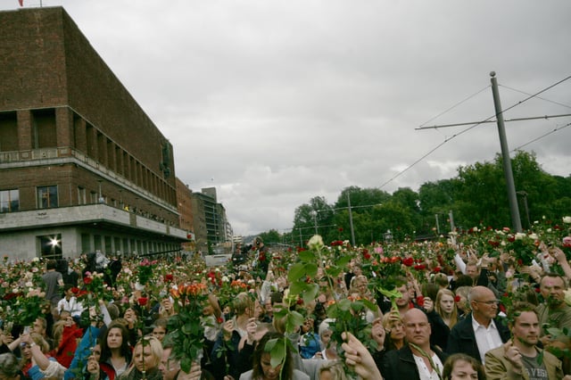 Town Hall Square in Oslo filled with people with roses mourning the victims of the Utøya massacre, 22 July 2011