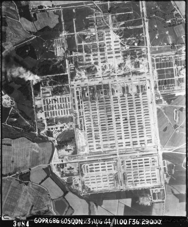 Aerial view of Auschwitz II-Birkenau taken by the RAF on 23 August 1944