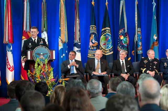 Flynn speaks during the change of directorship for the Defense Intelligence Agency on Joint Base Anacostia-Bolling in Washington, D.C.
