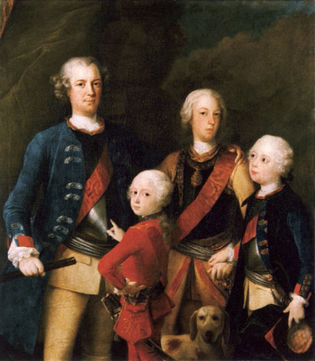 King Frederick with his brothers from left to right: Frederick, Prince Ferdinand, Prince Augustus William and Prince Henry, who served as Frederick's most trusted general during the Seven Years' War
