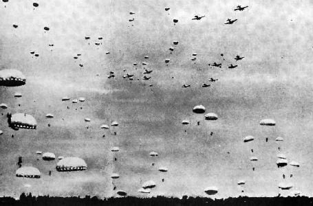 Imperial Japanese Army paratrooper are landing during the Battle of Palembang, February 13, 1942.