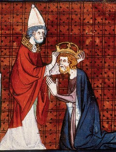 Pope Leo III, crowning Charlemagne from Chroniques de France ou de Saint Denis, vol. 1; France, second quarter of 14th century.