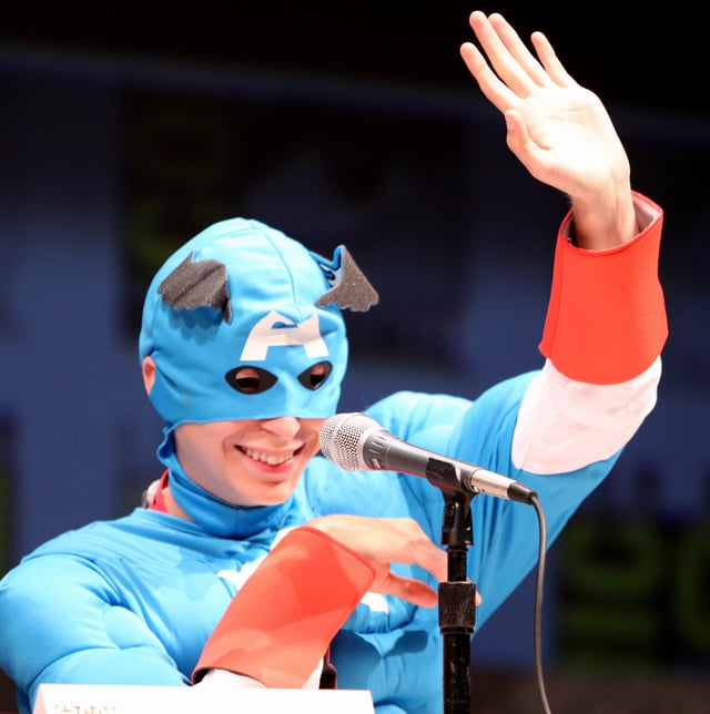Michael Cera dressed as Captain America at the Scott Pilgrim panel at the 2010 San Diego Comic-Con.