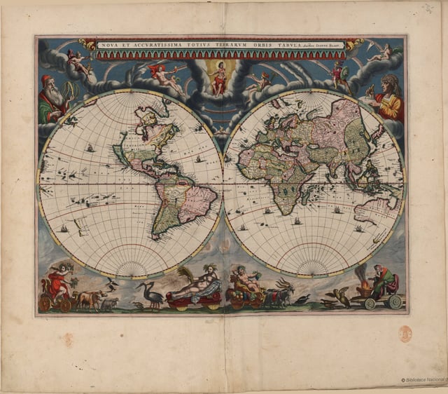 Blaeu's Atlas Maior (1662–1672), a monumental multi-volume world atlas from the Golden Age of Dutch/Netherlandish cartography (c. 1570s–1670s) and a widely recognized masterpiece in the history of mapmaking. Willem Blaeu and his son Joan Blaeu were both official cartographers to the VOC.