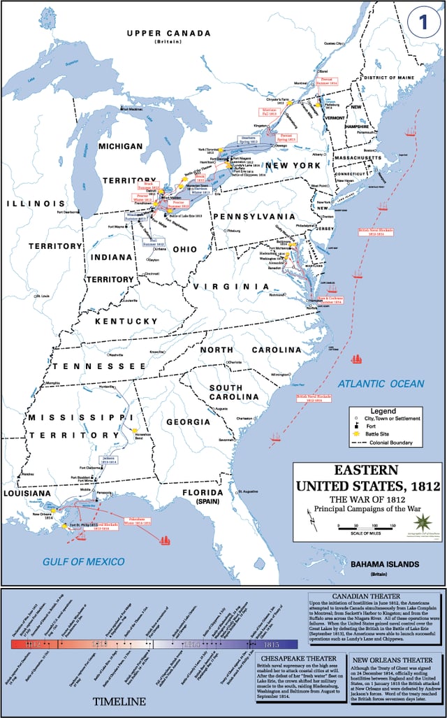 A map of the American coastline. British naval strategy was to protect their shipping in North America, and enforce a naval blockade on the U.S.