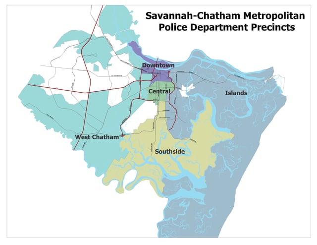 Map showing precincts of Savannah-Chatham Metropolitan Police Department.